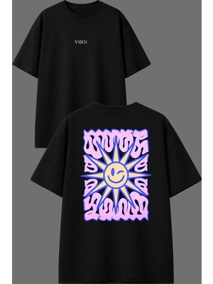 Vsrn Güneş Pembe Tasarım Ön Arka Baskılı Siyah Oversize T Shirt