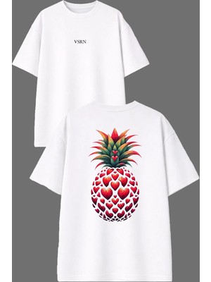 Vsrn Kalp Ananas Tasarım Ön Arka Baskılı Beyaz Oversize T Shirt