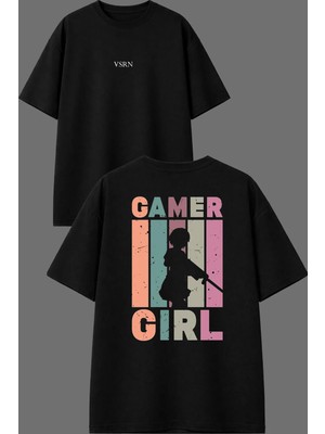 Vsrn Gamer Gırl Tasarım Ön Arka Baskılı Siyah Oversize T Shirt
