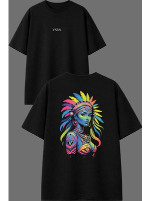 Vsrn Renkli Kadın Tasarım Ön Arka Baskılı Siyah Oversize T Shirt