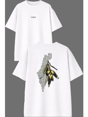 Vsrn Zeytin Dalı Tasarım Ön Arka Baskılı Beyaz Oversize T Shirt