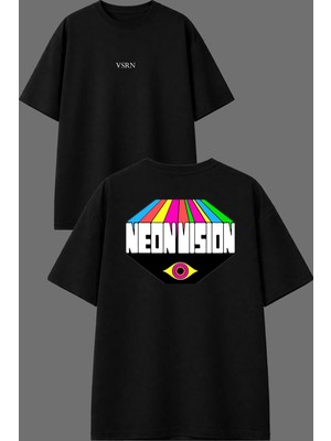 Vsrn Neon Msıon Tasarım Ön Arka Baskılı Siyah Oversize T Shirt