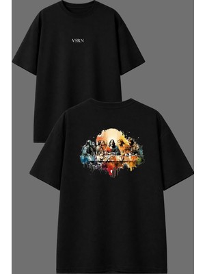 Vsrn Büyük Masa Tasarım Ön Arka Baskılı Siyah Oversize T Shirt