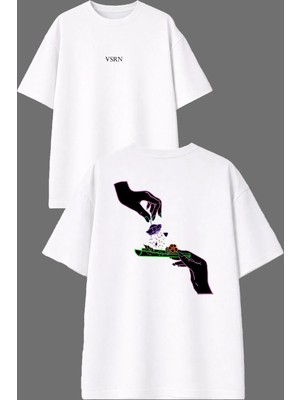 Vsrn Eller Sarıyor Tasarım Ön Arka Baskılı Beyaz Oversize T Shirt