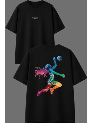 Vsrn Voleyball Blok Tasarım Ön Arka Baskılı Siyah Oversize T Shirt