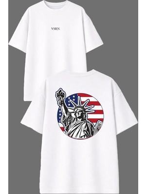 Vsrn Özgürlük Tasarım Ön Arka Baskılı Beyaz Oversize T Shirt