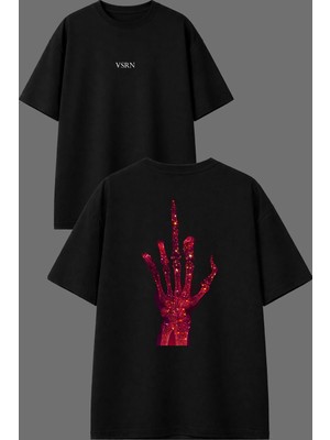 Vsrn Kırmızı Orta Parmak Tasarım Ön Arka Baskılı Siyah Oversize T Shirt