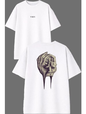 Vsrn Ağlayan El Tasarım Ön Arka Baskılı Beyaz Oversize T Shirt