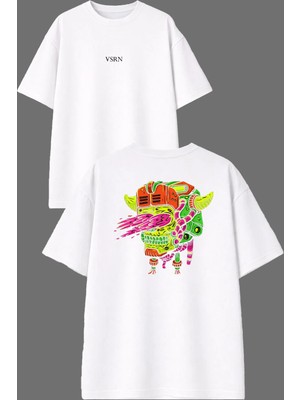 Vsrn Alevli Iskelet Tasarım Ön Arka Baskılı Beyaz Oversize T Shirt