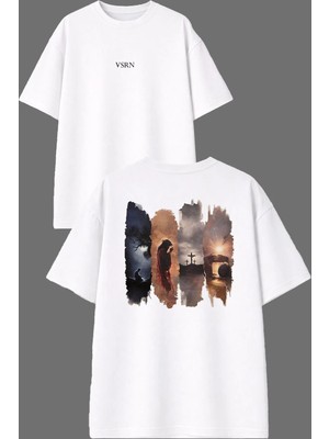 Vsrn 4 Parça Resim Tasarım Ön Arka Baskılı Beyaz Oversize T Shirt