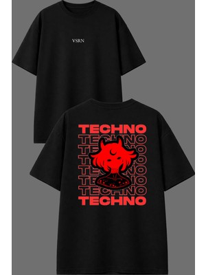 Vsrn Techno Techno Tasarım Ön Arka Baskılı Siyah Oversize T Shirt