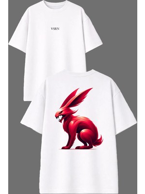 Vsrn Vahşi Tavşan Tasarım Ön Arka Baskılı Beyaz Oversize T Shirt