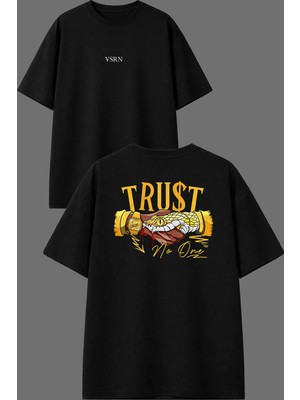 Vsrn No Trust Tasarım Ön Arka Baskılı Siyah Oversize T Shirt