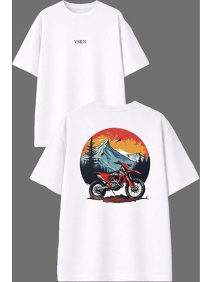 Vsrn Cross Manzara Tasarım Ön Arka Baskılı Beyaz Oversize T Shirt