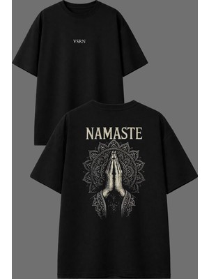Vsrn Namaste Tasarım Ön Arka Baskılı Siyah Oversize T Shirt