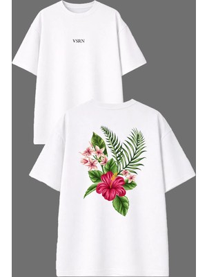 Vsrn Çiçek Karışık Tasarım Ön Arka Baskılı Beyaz Oversize T Shirt