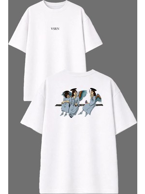 Vsrn Dertli Tasarım Ön Arka Baskılı Beyaz Oversize T Shirt