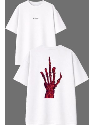 Vsrn Kırmızı Orta Parmak Tasarım Ön Arka Baskılı Beyaz Oversize T Shirt