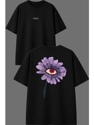 Vsrn Gözlü Çicek Tasarım Ön Arka Baskılı Siyah Oversize T Shirt