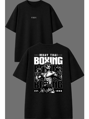 Vsrn Muay Box Tasarım Ön Arka Baskılı Siyah Oversize T Shirt