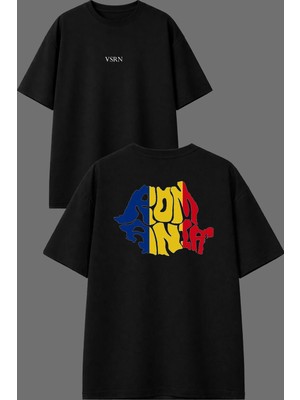 Vsrn Bayrak Romanıa 21 Tasarım Ön Arka Baskılı Siyah Oversize T Shirt