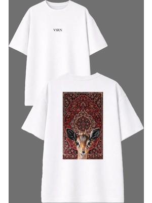 Vsrn Yavru Geyik Etnik Halı Tasarım Ön Arka Baskılı Beyaz Oversize T Shirt