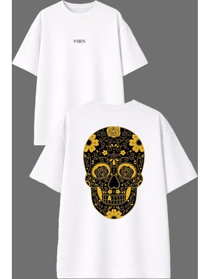 Vsrn Çiçekli Iskelet Tasarım Ön Arka Baskılı Beyaz Oversize T Shirt