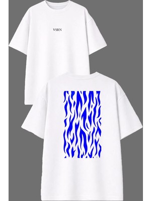Vsrn Mavi Desenler Tasarım Ön Arka Baskılı Beyaz Oversize T Shirt