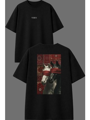 Vsrn Gözleri Bağlı At Halı Tasarım Ön Arka Baskılı Siyah Oversize T Shirt