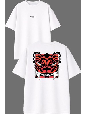 Vsrn Kırmızı Kaplan Tasarım Ön Arka Baskılı Beyaz Oversize T Shirt