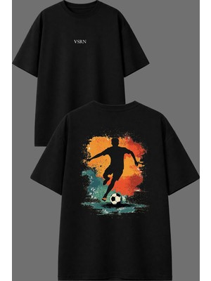 Vsrn Genç Futbolcu Tasarım Ön Arka Baskılı Siyah Oversize T Shirt