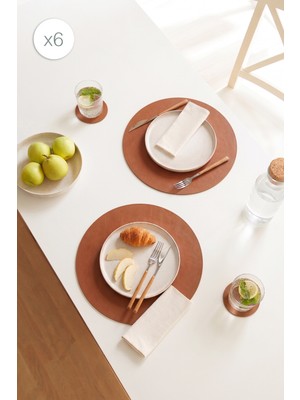 Home Wave 6'lı Taba/gri Renk Suni Deri Amerikan Servis Ø 36 cm