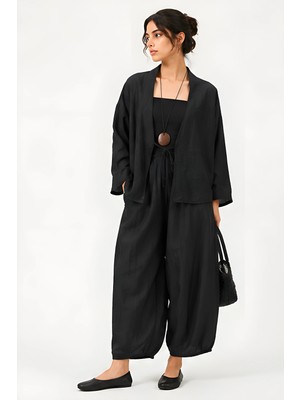 Lili Woman Kadın Siyah Krinkle Dokulu Oversize Ikili Takım 50970