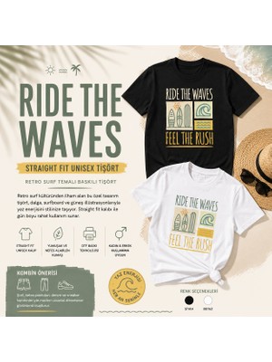 Tişört Kodu Ride The Waves Straight Fit Unisex Tişört – Retro Surf Temalı Yazlık Baskılı T-Shirt