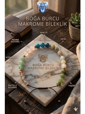 Rose Doğaltaş Boğa Burcu Makrome Bileklik
