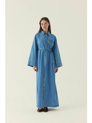 Zülays Dantel Detaylı Denim Elbise Mavi