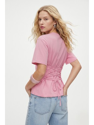 Ritnice Kadın Luma Belden Oturan Bağcıklı Ayarlanabilir Pamuk Pembe T-Shirt / Bluz