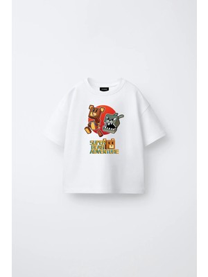 Fasardi Super Bear Adventure Süper Ayı Baskılı Oversize %100 Pamuk Kısa Kollu Unisex Çocuk Tişört