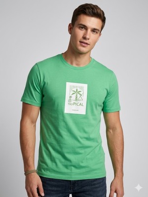 Centilmen Xınt Erkek Yeşil Tropical Baskılı Bisiklet Yaka Basic T-Shirt 502096
