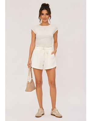 Lili Woman Kadın Ekru Beli Lastikli Şort Etek Bağcık Detaylı Minimal Fit K.4747