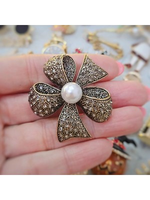 Merve Takı Bronz Vintage Inci Çiçek Broş