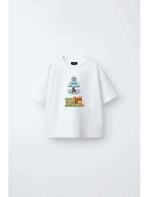 Fasardi Super Bear Adventure Süper Ayı Baskılı Oversize %100 Pamuk Kısa Kollu Unisex Çocuk Tişört
