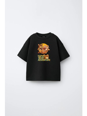 Fasardi Super Bear Adventure Süper Ayı Baskılı Oversize %100 Pamuk Kısa Kollu Unisex Çocuk Tişört