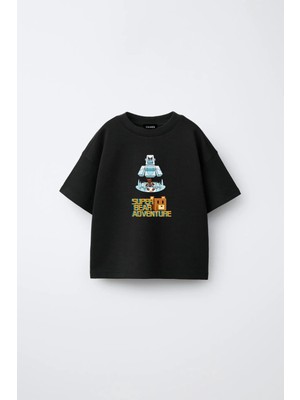 Fasardi Super Bear Adventure Süper Ayı Baskılı Oversize %100 Pamuk Kısa Kollu Unisex Çocuk Tişört