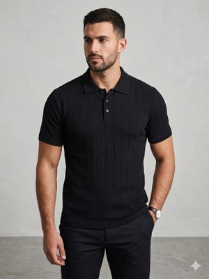 Centilmen Kip Erkek Siyah Çizgili Dokulu Polo Yaka T-Shirt 10132