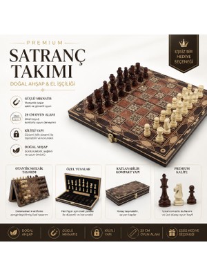 Elifeshop Lüks Mozaik Desenli Ahşap Manyetik Satranç Takımı 29CM Katlanabilir Özel Yuvalı Premium Satranç Seti