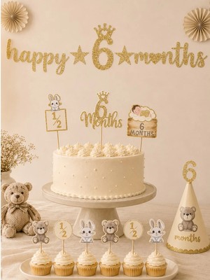 Parti Adresi Happy 6 Months Banner 6 Ay Bebek Doğum Günü Parti Seti Gold