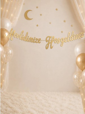 Parti Adresi Mevlidimize Hoşgeldiniz Yazılı Kaligrafi Banner Dekoratif Süs Gold