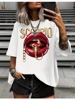 Nigrum Pardus Nıgrum Pardus Yeni Sezon Bisiklet Yaka Scorpıo Baskılı %100 Pamuk Büyük Beden Kadın T-Shirt