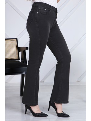 Gül Moda Antrasit Ispanyol Paça Likralı Yüksek Bel Kot Pantolon Jeans G00IPSI